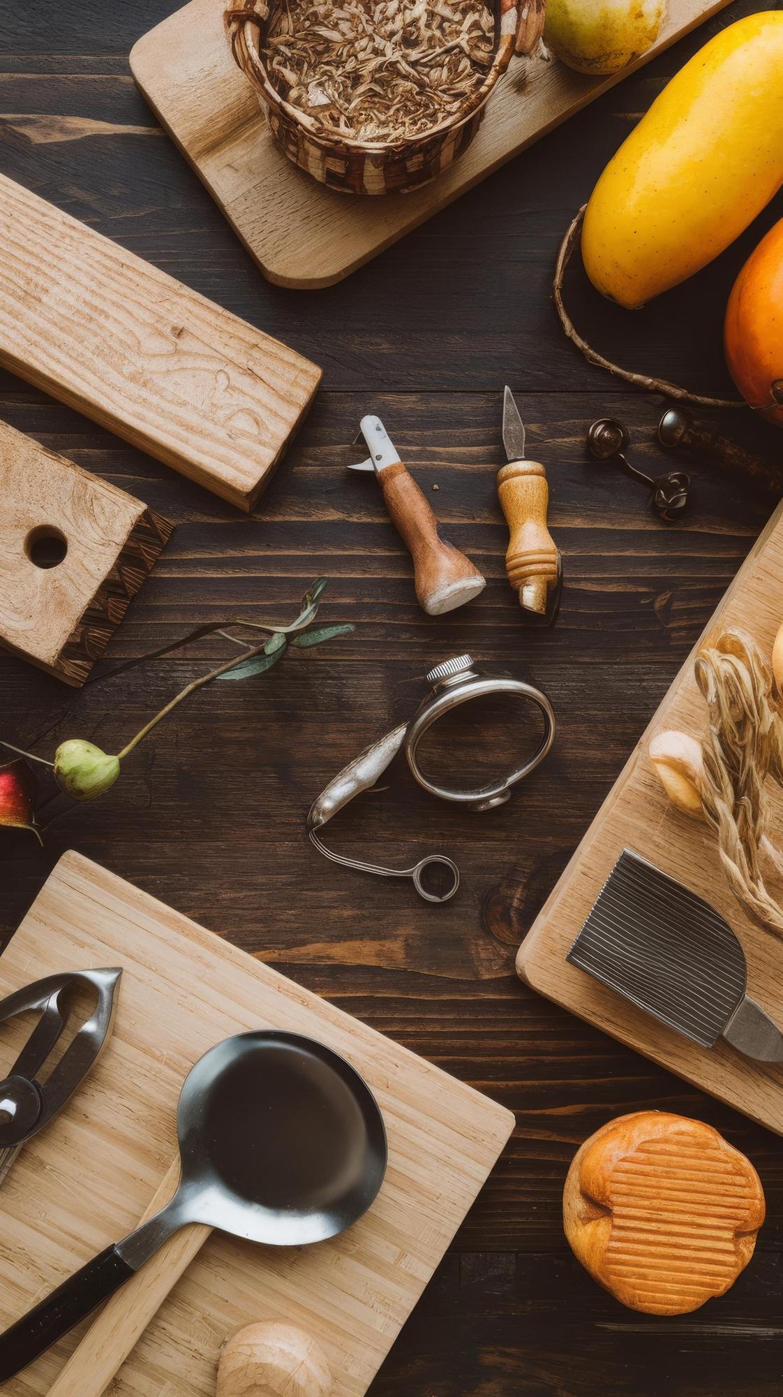 Scena: tavolo di lavoro con ingredienti e attrezzi da cucina